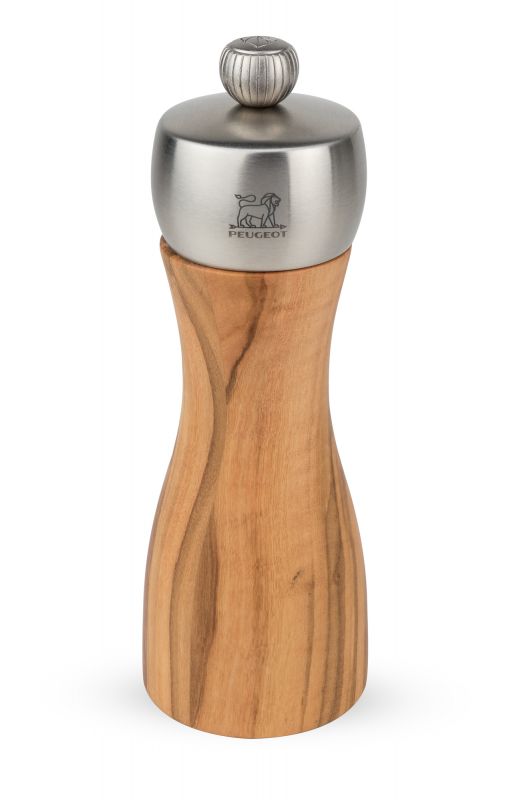 Peugeot Fidji Salzmühle aus Olivenholz, 20cm. Einzelstück mit Edelstahlkopf und elegantem Design.